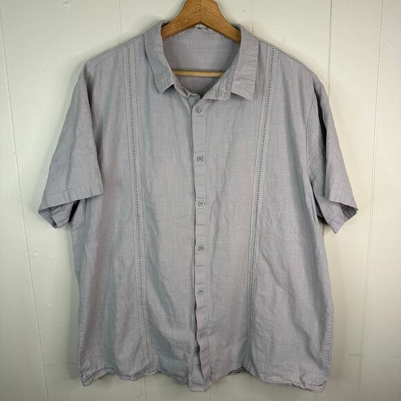 Unbranded Other - Mens XL Grey Linen Cotton Short Sleeve Button Up Shirt Ladder Stitch Trim